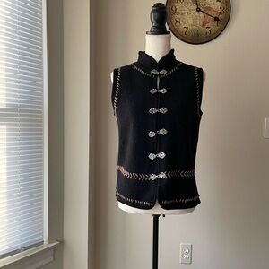 Vintage Tully 100% Wool Vest With Embroidery On Neck, Sleeves and Hem